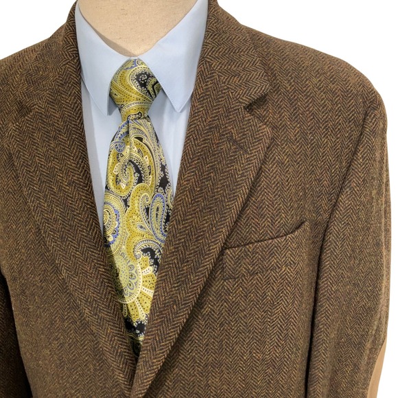 Lauren Ralph Lauren Blazer Men 43 Brown Orange Herringbone Elbow Patch Academia - Picture 1 of 13